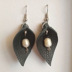 Leather Leaf and Pearl Earrings